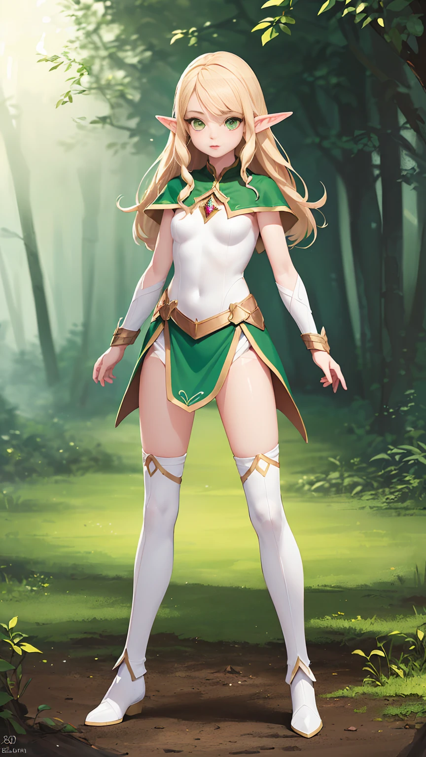 (((full body photo))(masterpiece, best quality), (full body:1.6), standing (small fighting elven 1girl:1.6),(magical),(cute,adorable:1.3),blonde hair, green eyes, medium breast, beautiful, detailed, enchanted breastplate with precious gemstones, white thigh-high greaves, seductive pose, in a forest, magic flora, detailed face and eyes, volumetric light,(ultra quality skin:1.7),