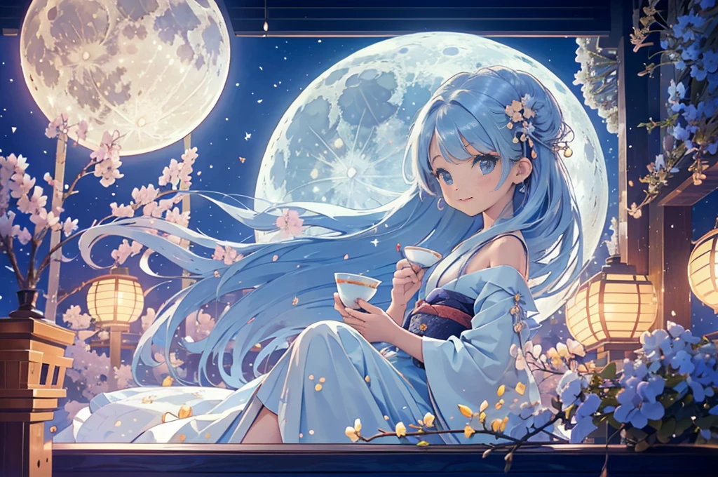 masterpiece, best quality, extremely detailed, (illustration, official art:1.1), 1 girl ,(((( light blue long hair)))), ,(((( light blue long hair)))),light blue hair, long hair ((blush)) , cute face, big eyes, masterpiece, best quality,(((((a very delicate and beautiful girl,))))),Amazing,beautiful detailed eyes,blunt bangs、(((( delicate girl)))),tareme(true beautiful:1.2), sense of depth,dynamic angle, ,Baby Fchest,One girl is looking backwards at the moon, (Sexy smile), Kimono with beautiful patterns and colors., One Big Moon, Big Moon, Girl in the back looking at a very beautiful moon, (On the veranda in the Japan style:1.3), (Holding a cup of Japan:1.2), Liquor bottles are placed, Colorful, ultra-detailliert, high-level image quality, 