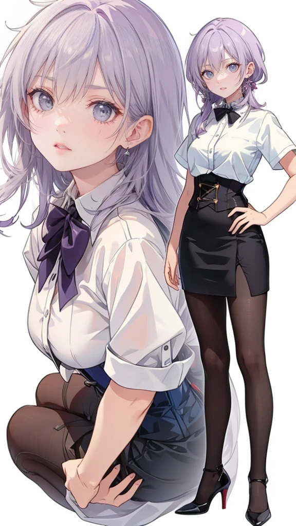 ((Perfect Face)),Purple Hair,long hair,Adult female,White shirt,((Shirt with rolled up sleeves)),(((Roll up your sleeves))),((corset)),short skirt,(High heels),((Simple White Background)),((full body)),((Full Body)),