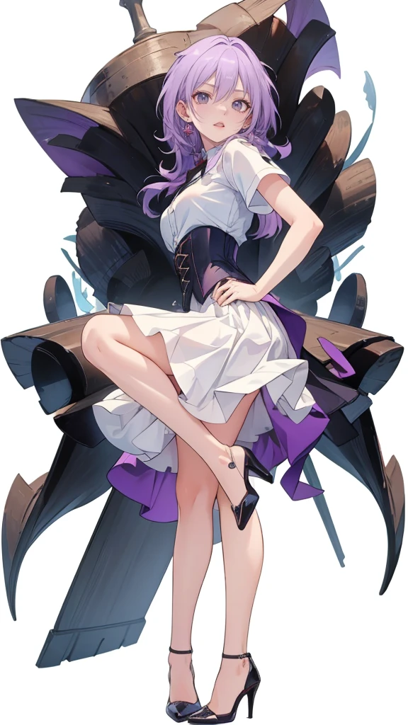 ((Perfect Face)),Purple Hair,long hair,Adult female,White shirt,((Shirt with rolled up sleeves)),(((Roll up your sleeves))),((corset)),short skirt,(High heels),((Simple White Background)),((full body)),((Full Body)),