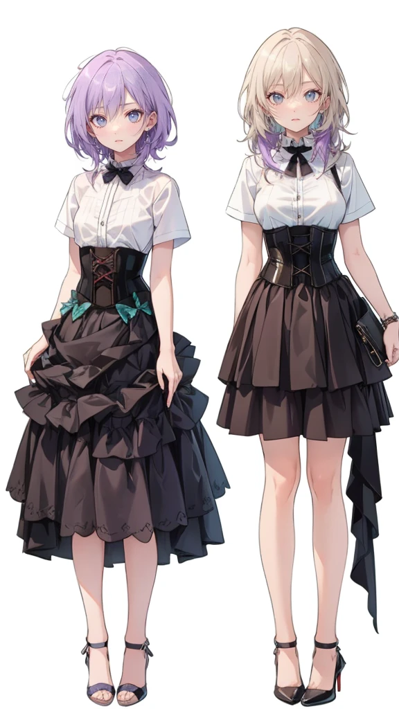 ((Perfect Face)),Purple Hair,long hair,Adult female,White shirt,((Shirt with rolled up sleeves)),(((Roll up your sleeves))),((corset)),short skirt,(High heels),((Simple White Background)),((full body)),((Full Body)),