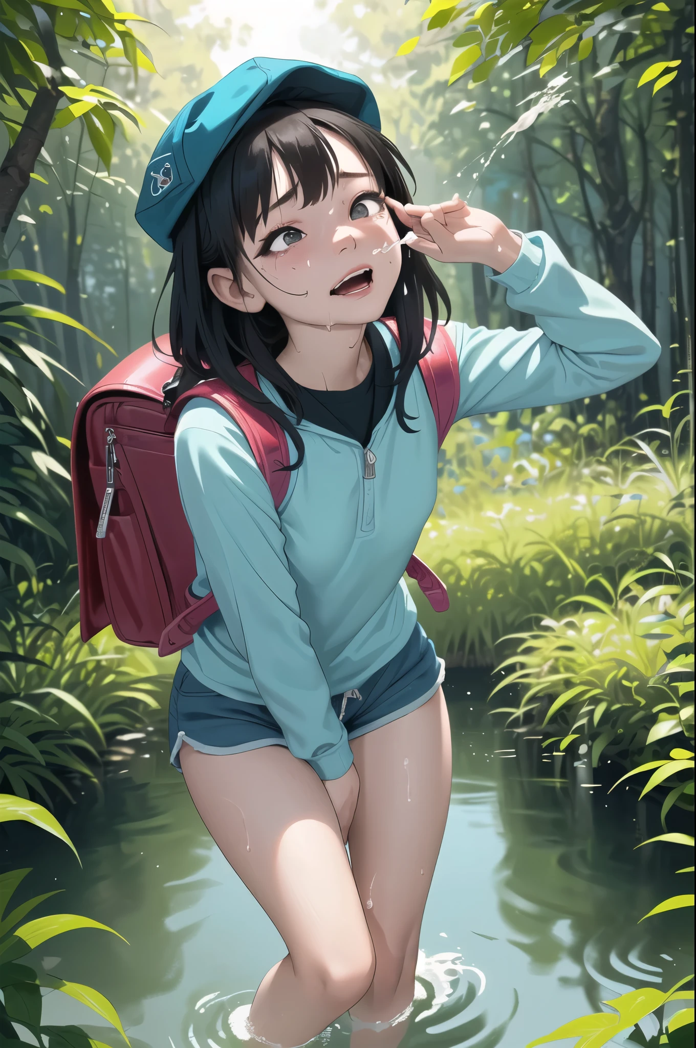 (Highest quality, masterpiece), One girl, Long sleeve, cap, Shorts, Dense forest, Wearing a backpack, sun, tired, Are standing,High resolution,(colorful:1.4),View your viewers,Swollen eyes,((Kime sex、Drug Lover、junky、Ecstasy face、The pleasure of drowning in ecstasy、Face distorted by pleasure、Overdose face))(((Be incontinent))), (((Peeing))), (((Peeing on your own))), (Pee running down my legs)