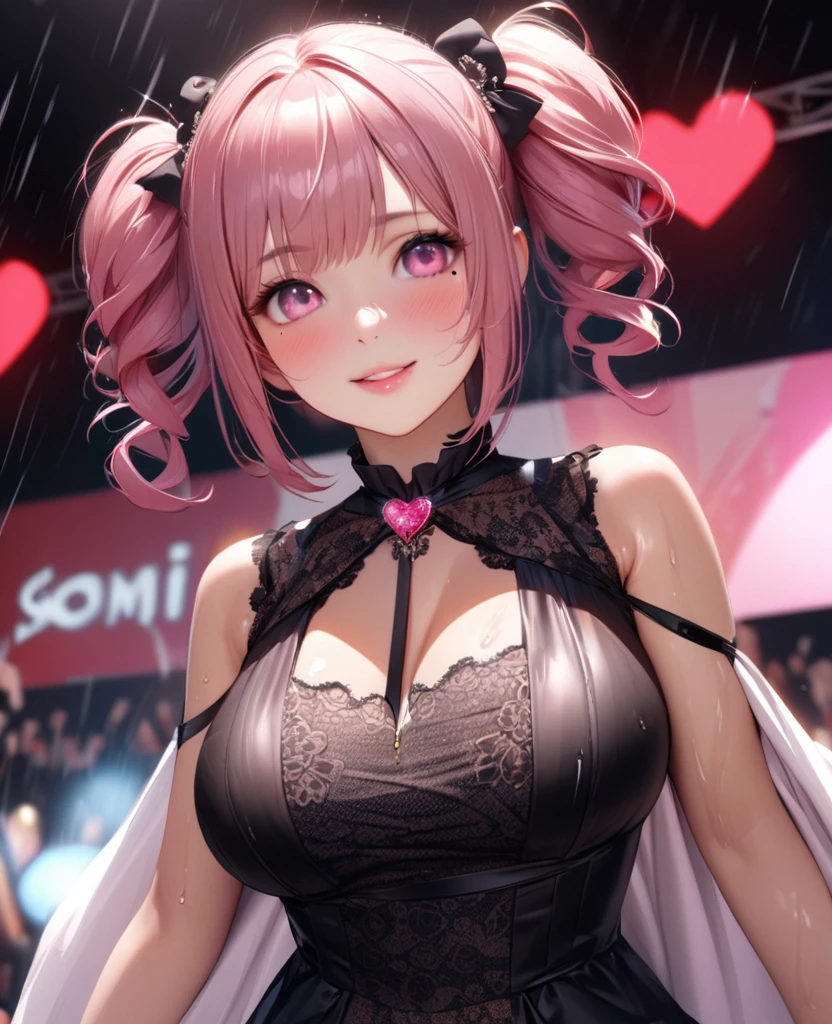 One Girl、Looking at the audience、lovely,
Beautiful pink eyes、short twin tail hair , Mole under the eye、Plump and glossy lips、Heart-shaped choca、Idol、Her name is Rico,smile、ー、。.。.。.。.。.。.。.。.。.。.。.。.。.。.。.。.。.。.3D、Realistic、
The idol's costume was soaked in the heavy rain, and her chest was wet and transparent.Heavy rain at outdoor concert, Drape clothes、gem、The decoration has been removed、Floral、Lace trim,On a glittering stage、
masterpiece、highest quality、8k、Detailed skin texture、Detailed cloth texture、Beautifully detailed face、Intricate details、Very detailed、
超A high resolution、8k Ultra HD、Film Grain、Best Shadow、delicate、Gazing at the audience、front