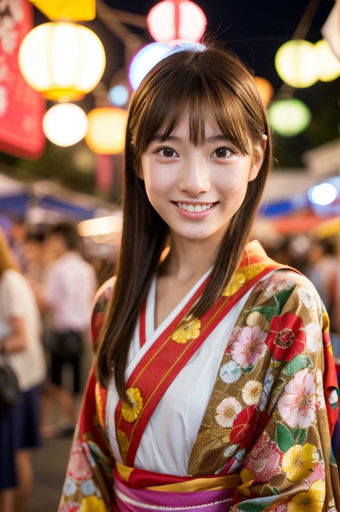 Japanese traditional kimono, flower pattern yukata, summer festival night stall, first year high school student, ((full body)), ((photo)), ((best qualtiy, 8K, tmasterpiece:1.3)), Focus:1.2, perfect figure beautiful girl:1.4, 1girl, cowboy shot, look at viewer, incredibly absurd, beautiful and cute girl with a photorealistic face, showcasing top-quality craftsmanship, A Japanese girl walking around looking at the food stalls at a summer festival on a night, , straight hair that reaches about 10cm below the shoulders, light brown hair color, shiny hair, bangs cut straight above the eyes, hair tucked behind the ears, soft round face, large almond-shaped eyes, light brown eye color, long eyelashes, thin and neat eyebrows, small nose with a straight bridge, cherry-colored lips, bright smile, white teeth, smooth skin, fair skin, light pigmentation, freckles, average height, supple body, well-balanced proportions, small A-cup breasts, beautiful girl, neat, moe, cheerful, curious, friendly, polite, responsible, likes festivals and events, August