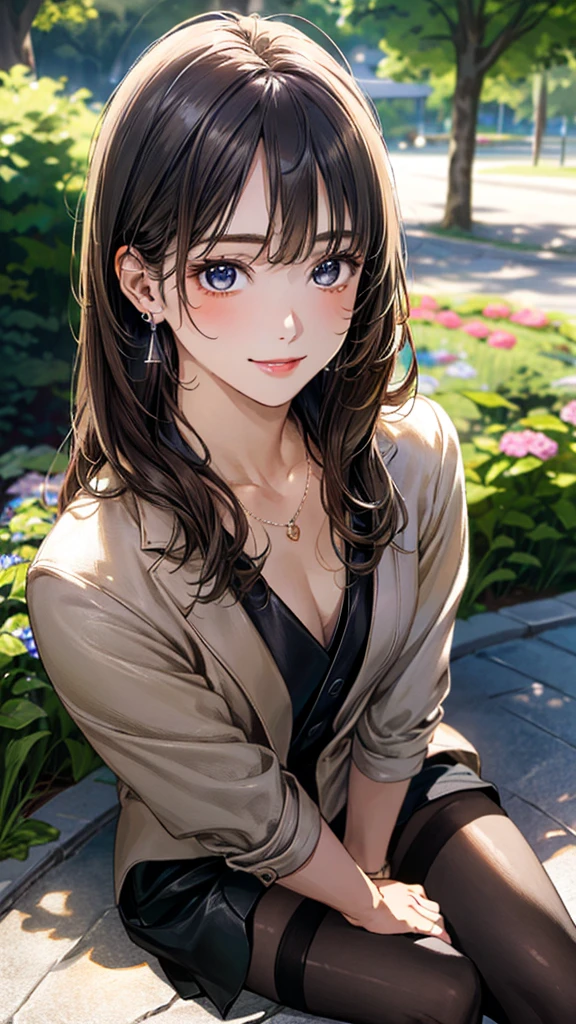(masterpiece:1.3, Highest quality, Ultra-high resolution, Super detailed), (Realistic, photoRealistic:1.4), Beautiful illustrations, Perfect lighting, Natural light, Bright colors, Depth of written boundary, Browsing Caution,
Beautiful detailed hair, Beautifully detailed face, Beautiful attention to detail, Beautiful clavicle, Beautiful body, Beautiful breasts, Beautiful thighs, Beautiful feet, Beautiful fingers, Shiny skin,
View your viewers, (Face Focus, Upper Body), 1 Girl, Japanese, high school girl, (Perfect Anatomy, Anatomically correct, Highly detailed skin), Cute and symmetrical face, Baby Face,
(Long Hair, Straight hair, Light brown hair), amount, Dark blue eyes, (Medium chest, Captivating thighs), thin, Excellent style, Perfect Face, Perfect Eyes,
(Small earrings, necklace, (Brown leather jacket, Black Leather Skirt), Black tie, (stockings, High heels)),
(Beautiful views), summer, (garden), walking, (Cute smile, Upward glance, Part your lips),