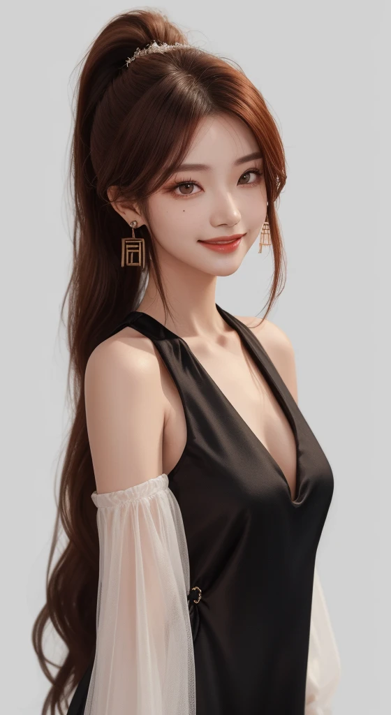 1girl, 
yinlin \(wuthering waves\),  
solo, white background, breasts, mole under mouth, very long hair, bare shoulders, upper body, ahoge, single earring, long sleeves, jewelry, detached sleeves, simple background, hair over one eye, red hair, black dress, mole, dress, china dress, mole under eye, smile, chinese clothes, ponytail, looking at viewer, long hair, closed mouth, brown eyes, earrings, 
masterpiece, best quality,  safe
 