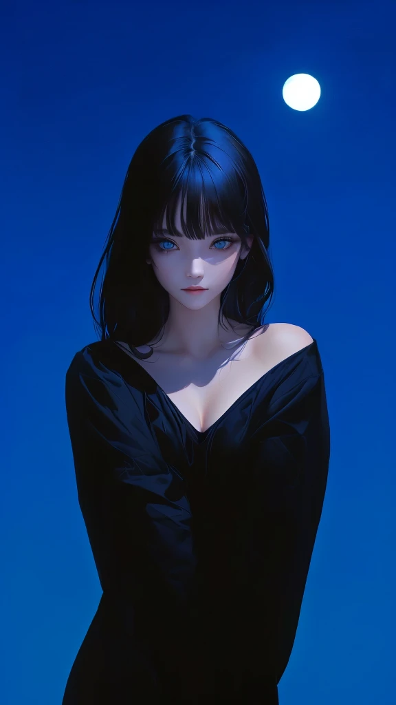 ultra-detailed, beautiful eyes, detailed eyes, detailed face, ultra-detailed, beautiful eyes, woman in black casual, loose-fitting clothing against a full moon background,  master piece, best quality, high resolution, 16k