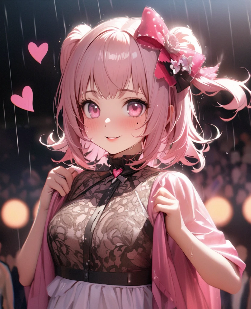 One Girl、Looking at the audience、lovely,
Beautiful pink eyes、short twin tail hair , Mole under the eye、Plump and glossy lips、Heart-shaped choca、Idol、Her name is Rico,smile、ー、。.。.。.。.。.。.。.。.。.。.。.。.。.。.。.。.。.。.3D、Realistic、
The idol's costume was soaked in the heavy rain, and her chest was wet and transparent.Heavy rain at outdoor concert, Drape clothes、gem、The decoration has been removed、Floral、Lace trim,On a glittering stage、
masterpiece、highest quality、8k、Detailed skin texture、Detailed cloth texture、Beautifully detailed face、Intricate details、Very detailed、
超A high resolution、8k Ultra HD、Film Grain、Best Shadow、delicate、Gazing at the audience、front