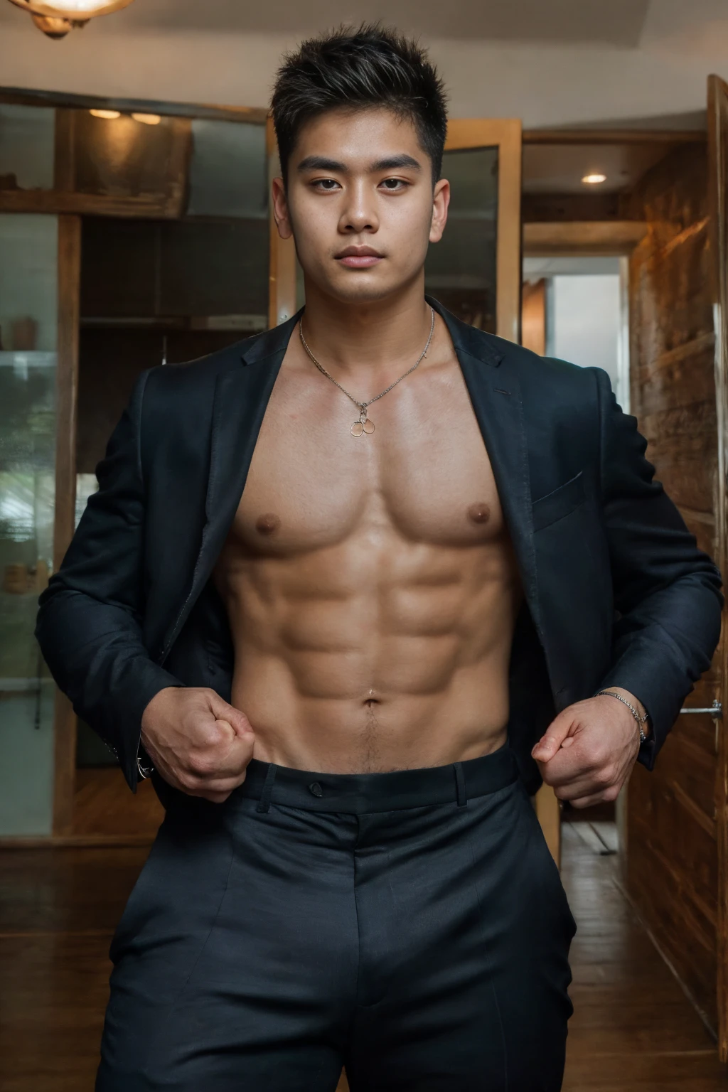 Realistic photography of a thai handsome boy, 25 ages , wearing a sexy suit, thin necklace, (huge pecs), at room,movement pose cool