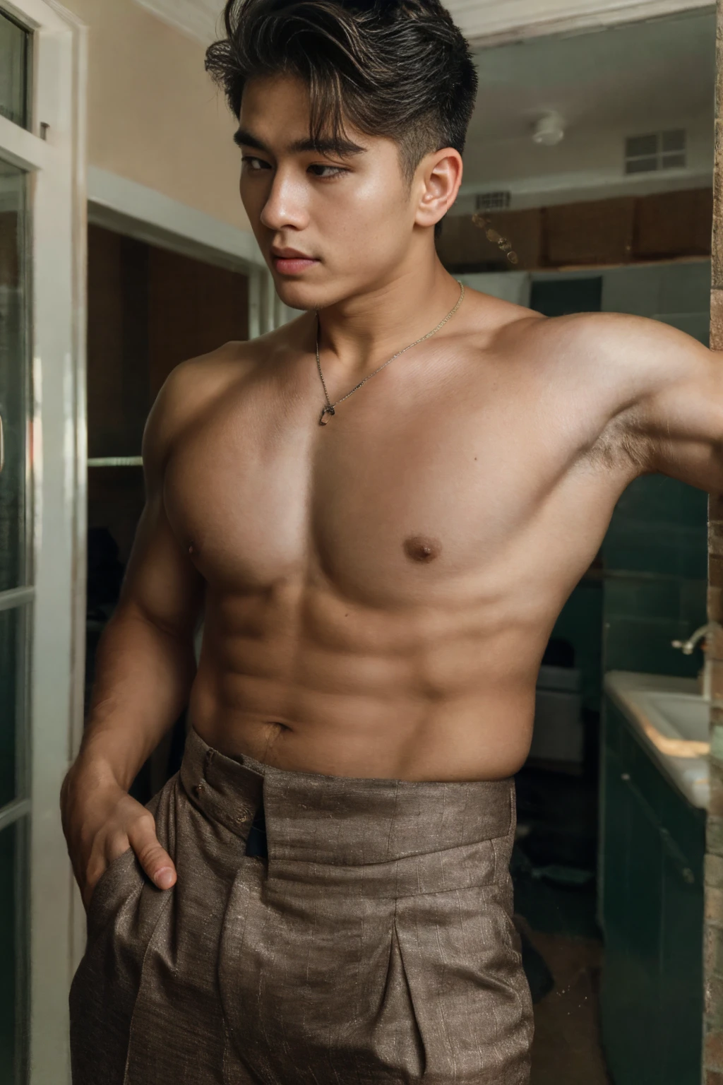 Realistic photography of a thai handsome boy, 25 ages , wearing a sexy suit, thin necklace, (huge pecs), at room,movement pose cool