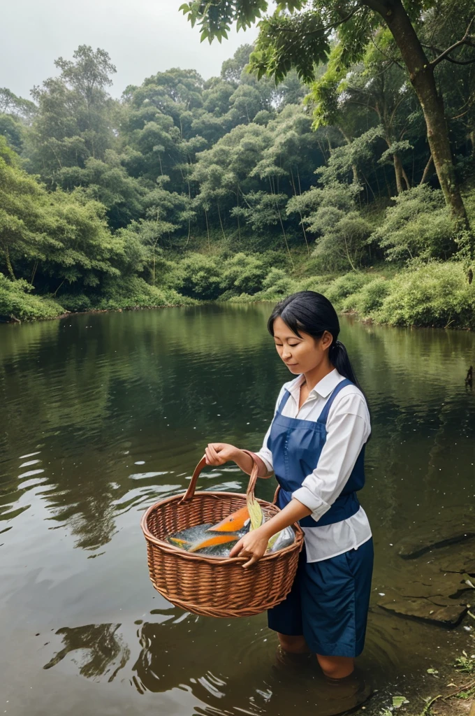 A woman collecting fishes in a basket by a lake on the edge of a forest in a beautiful rainy season