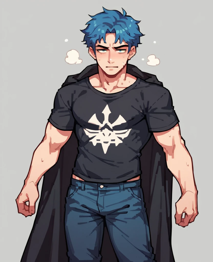 A small asexual male mage in a dark t-shirt with dark blue pants and a black cloak and blue hair