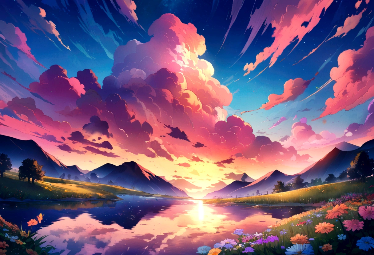 Enjoy a beautiful sunset, The hills are covered with flowers and plants., Colorful Sky, Surreal colors, Colorful sunset, Colorful Sky, Beautiful skyの反射, Beautiful sky, Fantastic atmosphere 8K, Multicolored clouds, Colors reflected in the lake, Surreal Sky, Red and blue reflections, Fire Reflection, Beautiful sky, beautiful and spectacular sunset, Beautiful dream landscape, Beautiful sky
