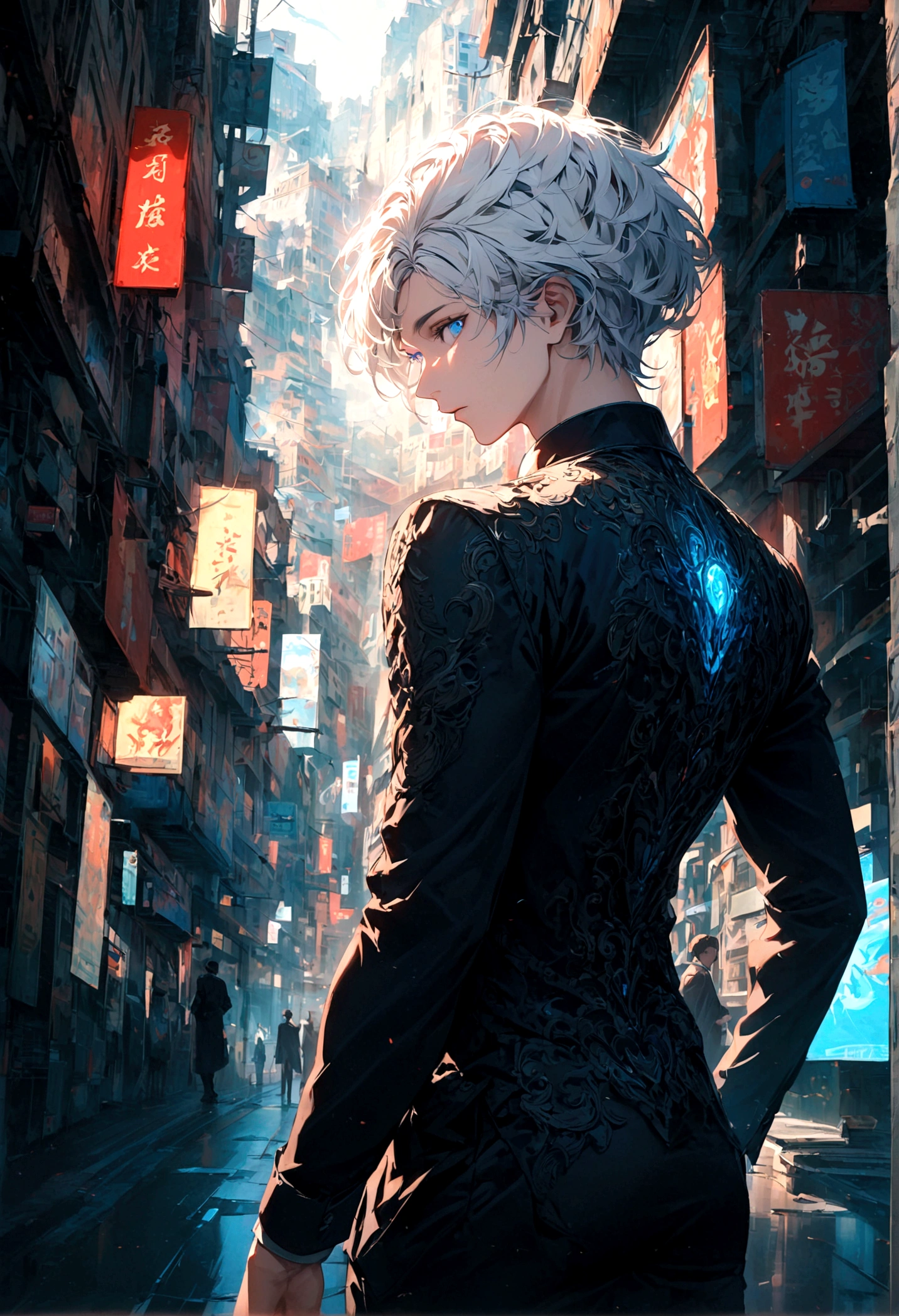 A man with black highlights and white hair and blue eyes turned his back and stood alone with his face half-turned in the middle of the city during the daytime
