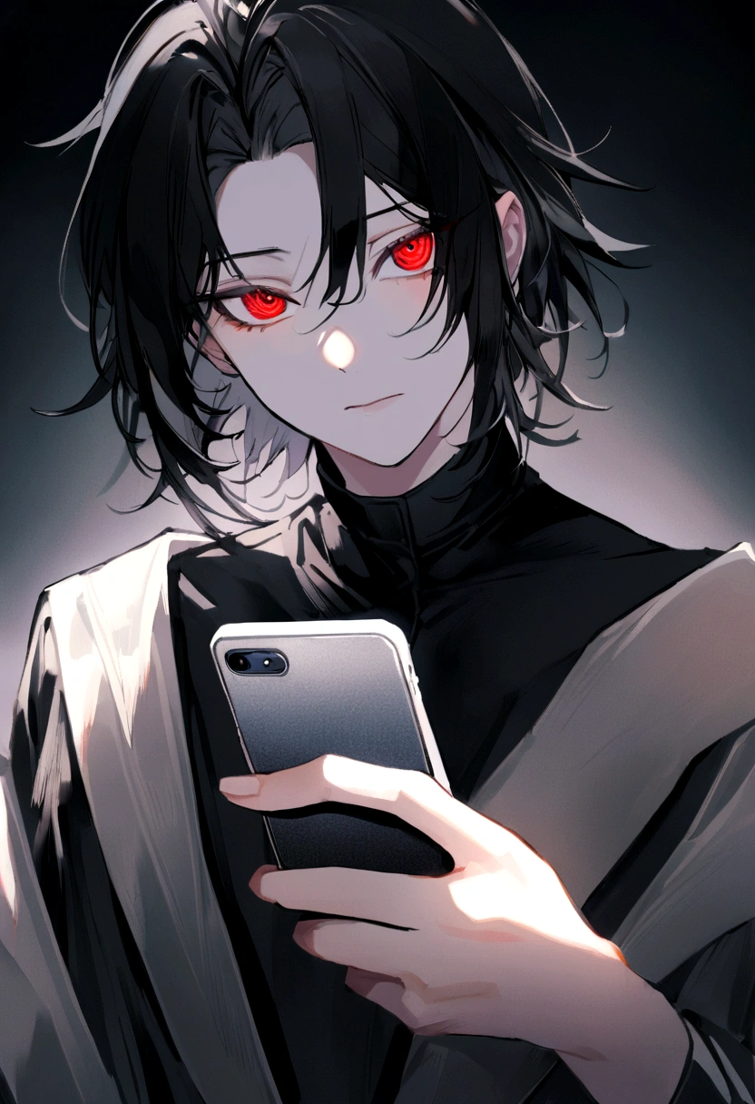 1 person, adult, ใบหน้าที่เป็นadult, beautiful, medicine, messy black hair, Crimson eyes, clear and detailed eyes, handsome, high, black clothes, quiet, condescending, (light color, dynamic shading), Look at the viewer. , hand holding phone