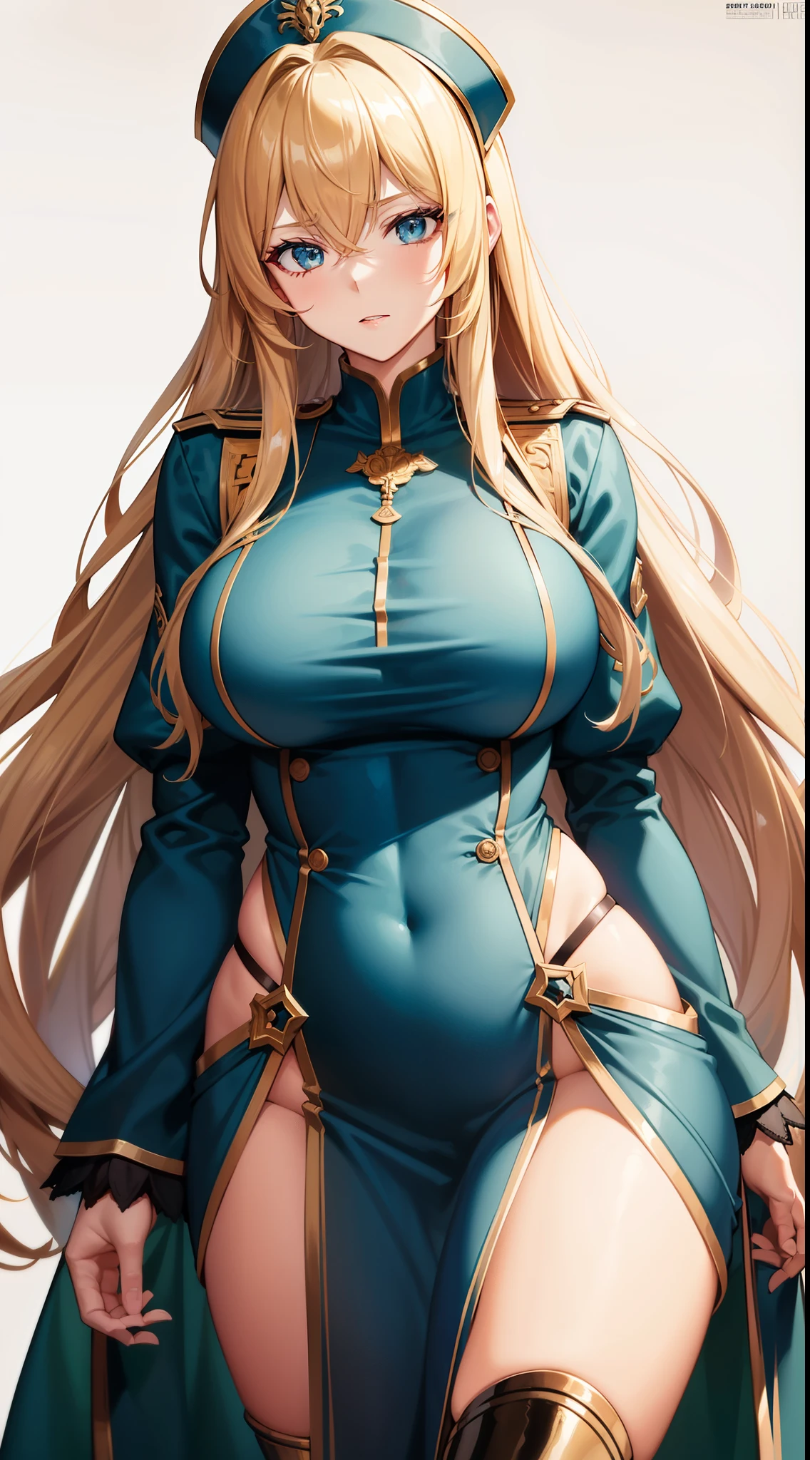 Adult woman, tall (1.85cm), milf, 28 years old, long golden hair, greenish eyes, large breasts, open breasts, open belly, tight blue blouse, iron sleeves, iron boots, open thighs, muscles, cheerful, work -raw, high quality