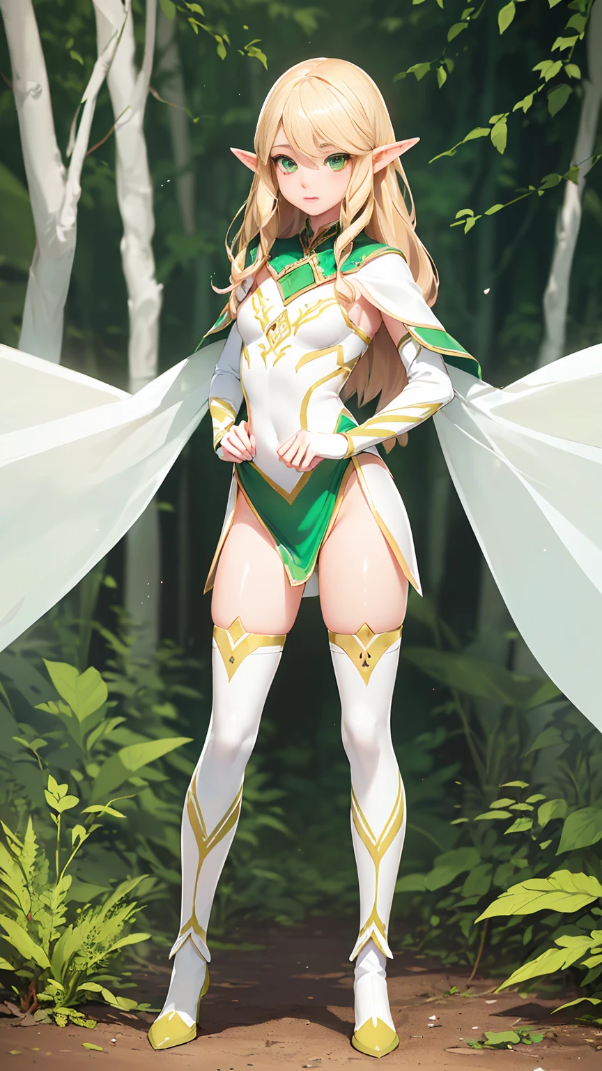 (((full body photo))(masterpiece, best quality), (full body:1.6), standing (small fighting elven 1girl:1.6),(magical),(cute,adorable:1.3),blonde hair, green eyes, medium breast, beautiful, detailed, enchanted breastplate with precious gemstones, white thigh-high greaves, seductive pose, in a forest, magic flora, detailed face and eyes, volumetric light,(ultra quality skin:1.7),