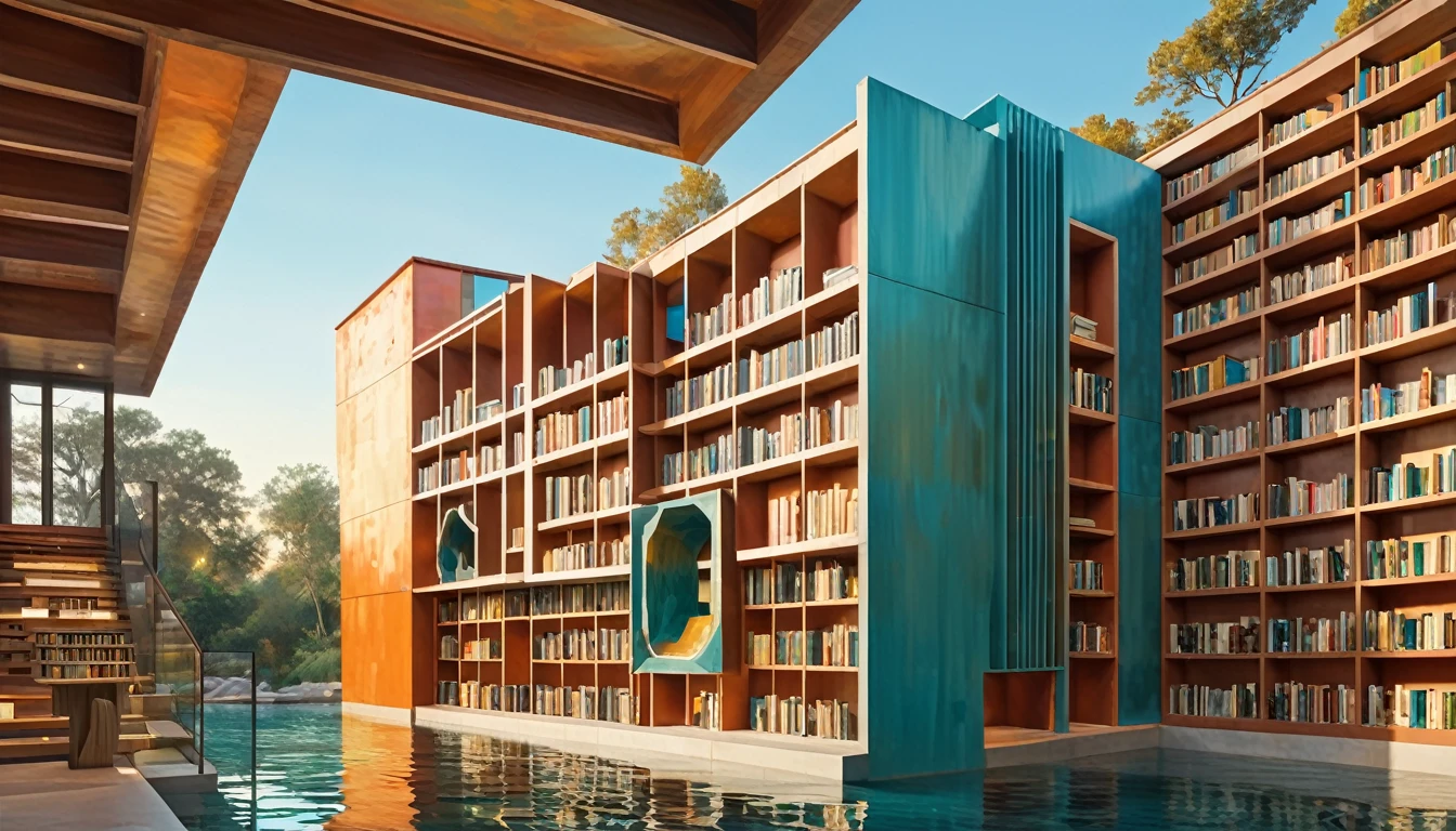 Oil painting, Boldly designed deconstructivist library with an asymmetrical, sculptural exterior that responds to the flow of water and showcases a diverse palette of colors and materials, mutted teal and terracota color scheme, Golden-hour lighting, creative, extremely detailed brush stroke