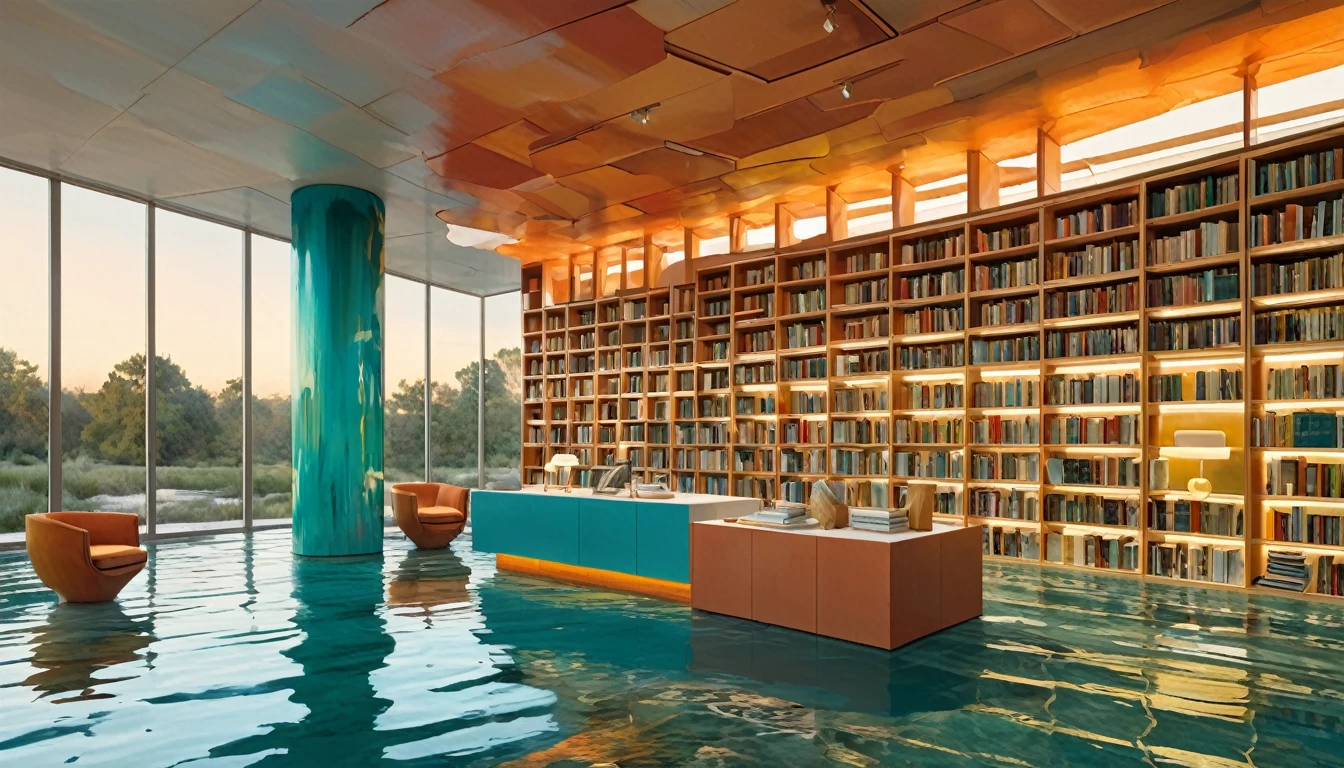 Oil painting, Boldly designed deconstructivist library with an asymmetrical, sculptural exterior that responds to the flow of water and showcases a diverse palette of colors and materials, mutted teal and terracota color scheme, Golden-hour lighting, creative, extremely detailed brush stroke