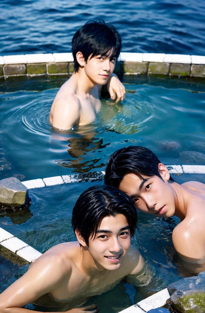 Beautiful boy、Handsome、18-year-old、Japan boys、Black Hair、night、hot spring、Thin、Cute Boys、sit、、In the water、