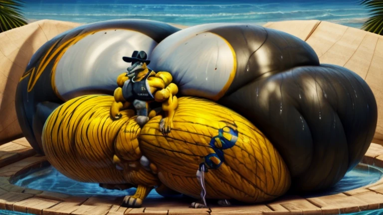 4k, high resolution, best quality, perfect lightning, perfect, solo, anthro, young, boy,golden yellow wolf:2.0, furry body, (fluffy mane:1.2), fluffy tail, male, adult, (bulky2:0, thick muscles2:0, huge muscles:2.0, hyper muscles:2.0), (thick biceps, veiny biceps, broad shoulders:2.0), (thick legs, thick calves:1.1), (digitigrade legs, 4 toes:1.2), perfect colors, (photorealistic fur, detailed fur, epic, masterpiece), (suggestive posing:1.2), (seductive smile, lustful grin 1.3), detailed beach,detailed wolf eyes:2.0, by k0suna, by darkgem,nipple ring,hyper arms:2.0,veins,golden yellow fur,hyper butt:2.0,hyper paws:2.0,standing,thick legs,thick butts:2.0,sweat body:2.0,massive butt:2.0,black hat,hyper ass:2.0,huge ass,long legs,juicy butt:2.0,butt like a wall:2.0,fat butt,butt fill most of picture:2.0,fat legs,extremely hyper butt:2.0,focus on butt:0.4