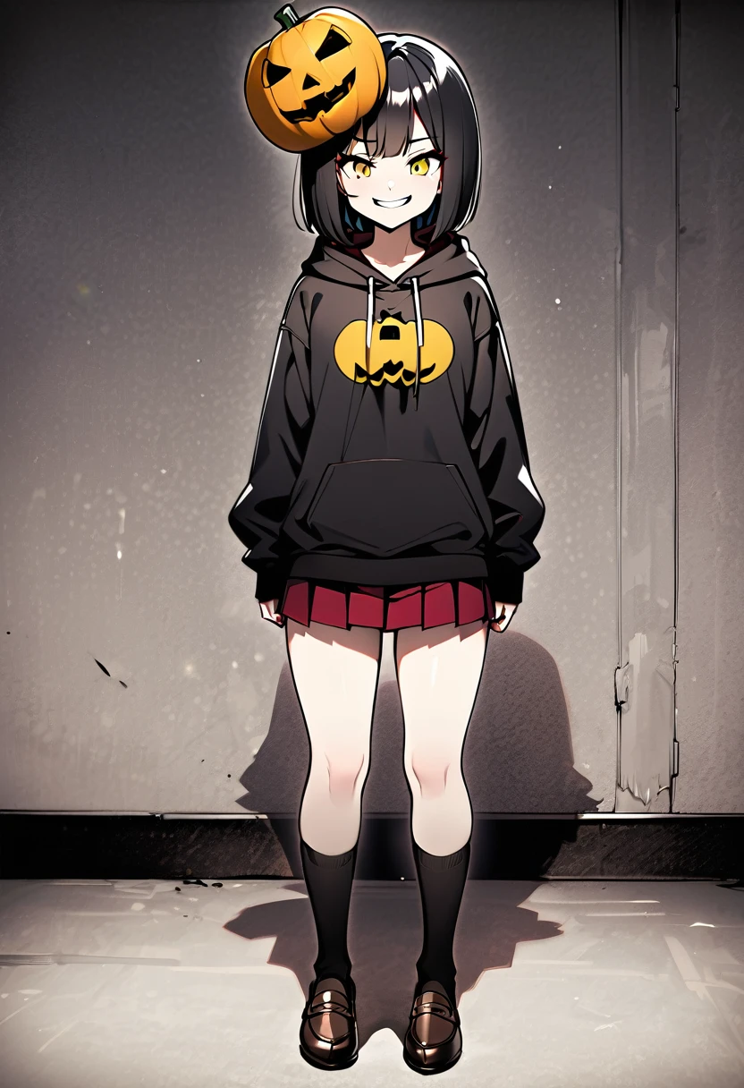edgy girl, black hoodie, black hair, bob cut, red miniskirt, high socks, brown loafers, black pumpkin mask on the left side of her head with a yellow smile on it. Amazing quality, full body view, snarky grin