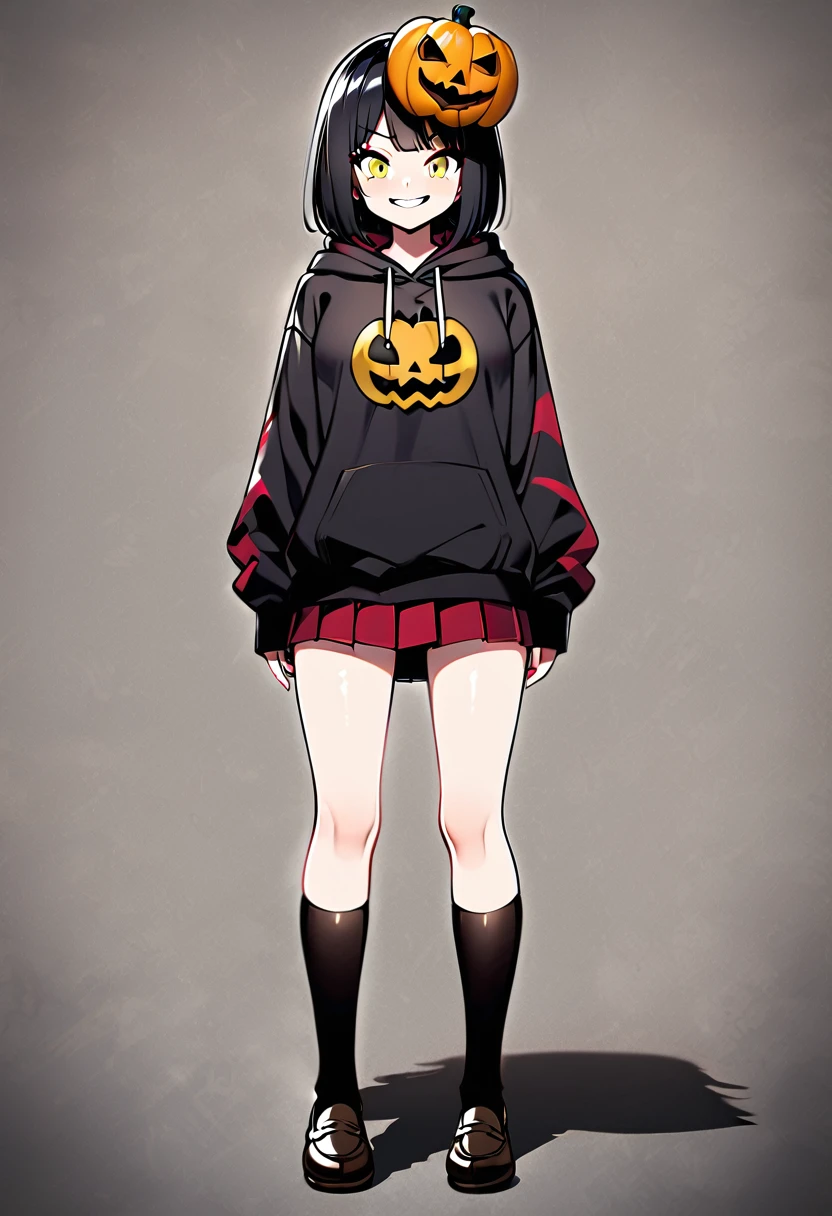 edgy girl, black hoodie, black hair, bob cut, red miniskirt, high socks, brown loafers, black pumpkin mask on the left side of her head with a yellow smile on it. Amazing quality, full body view, snarky grin