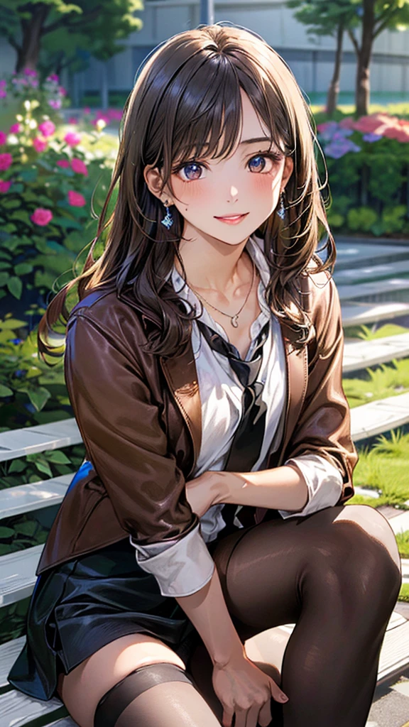 (masterpiece:1.3, Highest quality, Ultra-high resolution, Super detailed), (Realistic, photoRealistic:1.4), Beautiful illustrations, Perfect lighting, Natural light, Bright colors, Depth of written boundary, Browsing Caution,
Beautiful detailed hair, Beautifully detailed face, Beautiful attention to detail, Beautiful clavicle, Beautiful body, Beautiful breasts, Beautiful thighs, Beautiful feet, Beautiful fingers, Shiny skin,
View your viewers, (Face Focus, Upper Body), 1 Girl, Japanese, high school girl, (Perfect Anatomy, Anatomically correct, Highly detailed skin), Cute and symmetrical face, Baby Face,
(Long Hair, Straight hair, Light brown hair), amount, Dark blue eyes, (Medium chest, Captivating thighs), thin, Excellent style, Perfect Face, Perfect Eyes,
(Small earrings, necklace, (Brown leather jacket, Black Leather Skirt), Black tie, (stockings, High heels)),
(Beautiful views), spring, (garden), Sitting on a bench, (Cute smile, Upward glance, Part your lips),