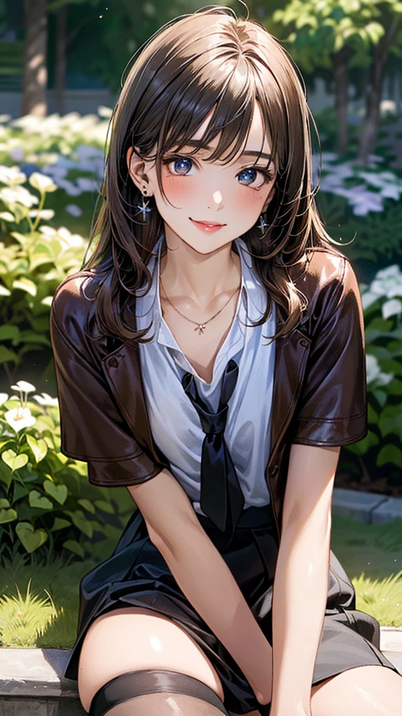 (masterpiece:1.3, Highest quality, Ultra-high resolution, Super detailed), (Realistic, photoRealistic:1.4), Beautiful illustrations, Perfect lighting, Natural light, Bright colors, Depth of written boundary, Browsing Caution,
Beautiful detailed hair, Beautifully detailed face, Beautiful attention to detail, Beautiful clavicle, Beautiful body, Beautiful breasts, Beautiful thighs, Beautiful feet, Beautiful fingers, Shiny skin, 
View your viewers, (Face Focus, Upper Body), 1 Girl, Japanese, high school girl, (Perfect Anatomy, Anatomically correct, Highly detailed skin), Cute and symmetrical face, Baby Face, 
(Long Hair, Straight hair, Light brown hair), amount, Dark blue eyes,  (Medium chest, Captivating thighs), thin, Excellent style, Perfect Face, Perfect Eyes, 
(Small earrings, necklace, (Brown leather jacket, Black Leather Skirt), Black tie, (stockings, High heels)),  
(Beautiful views), spring, (garden), Sitting on a bench, (Cute smile, Upward glance, Part your lips),