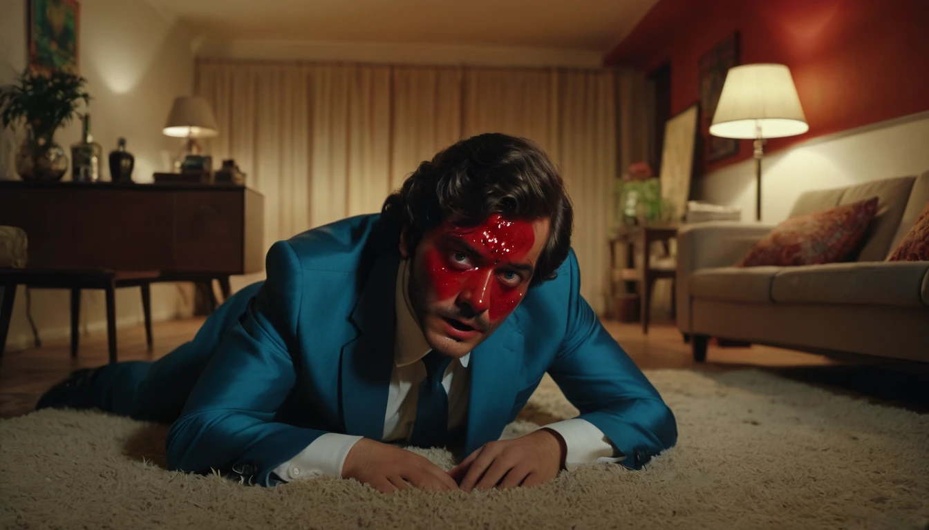 Brazil, 70s, night, fallen to the ground choking and poisoned, man, 25, wearing a suit, he was poisoned, his face is red with his eyes bulging, he is inside the living room of a house. Realistic photo, cinema scene, 4k.