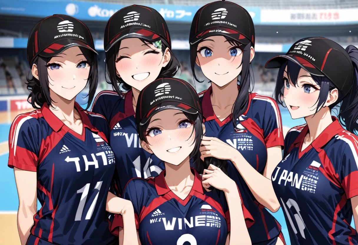 (Japan Women's Volleyball Team), (Commemorative photo taken with everyone in attendance style), (in the Kitakyushu Volleyball Stadium), (17 Volleyball player ladys, winner smile, in a blue uniform, black cap), BREAK, perfect anatomy, masterpiece, best quality, 16k, beautiful detailed grow, daydreaming expression.