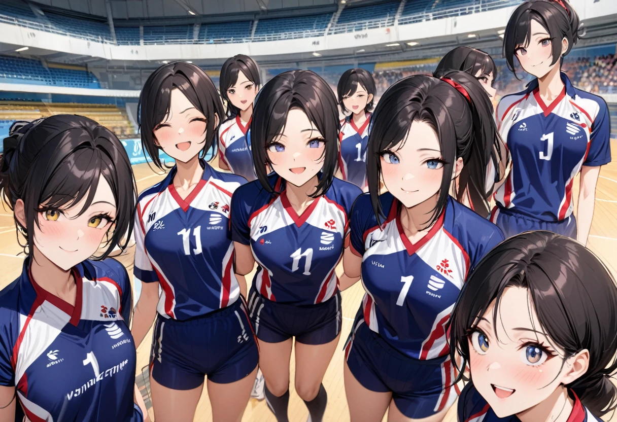 (Japan Women's Volleyball Team), (Commemorative photo taken with everyone in attendance style), (in the Kitakyushu Volleyball Stadium), (17 Volleyball player ladys, winner smile, in a blue uniform, black cap), BREAK, perfect anatomy, masterpiece, best quality, 16k, beautiful detailed grow, daydreaming expression.
