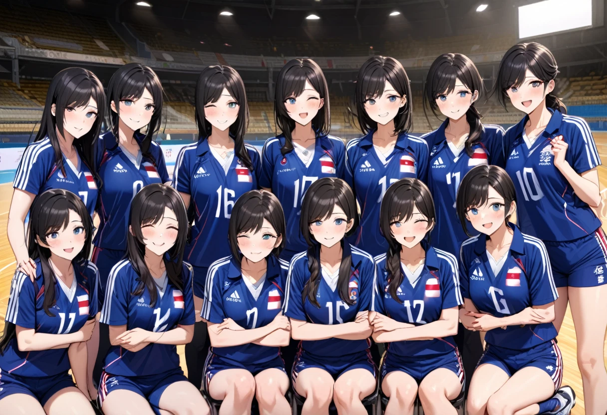(Japan Women's Volleyball Team), (Commemorative photo taken with everyone in attendance style), (in the Kitakyushu Volleyball Stadium), (17 Volleyball player ladys, winner smile, in a blue uniform, black cap), BREAK, perfect anatomy, masterpiece, best quality, 16k, beautiful detailed grow, daydreaming expression.