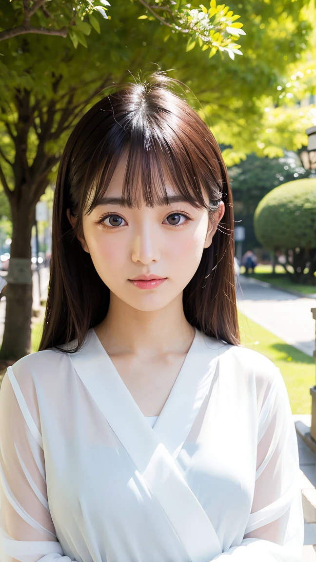 master piece , best quality , japanese , cute face , 25 years old , (symmetrical clear eyes:1.3) , shining eyes , looking at viewer, big , in park, shiny clothes