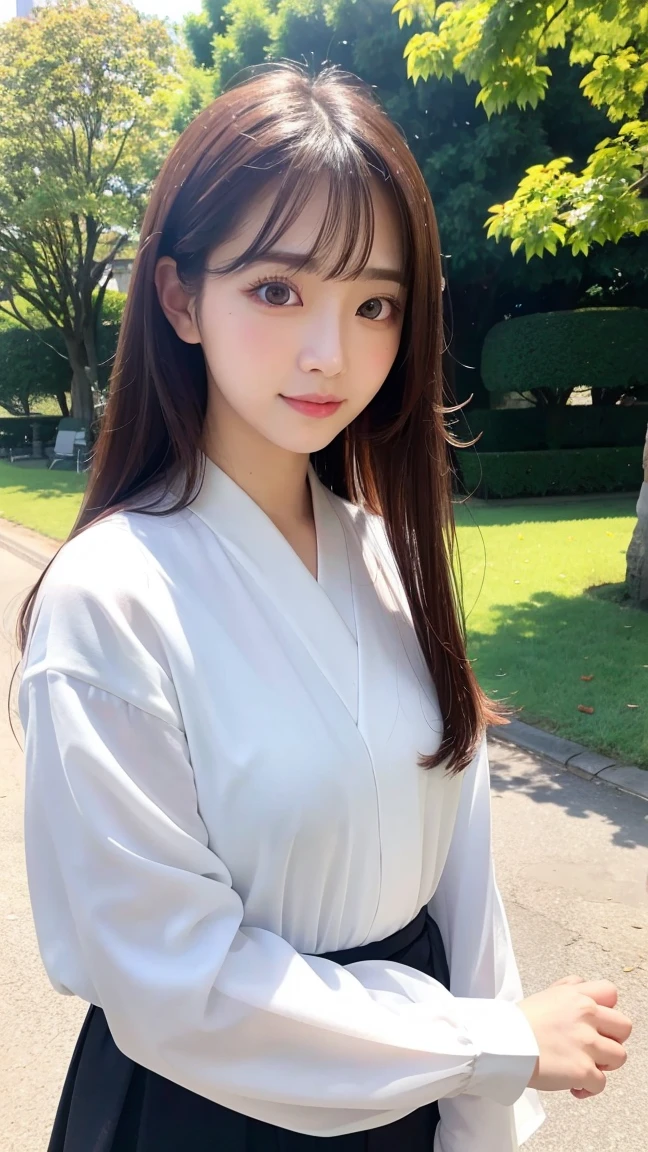 master piece , best quality , japanese , cute face , 25 years old , (symmetrical clear eyes:1.3) , shining eyes , looking at viewer, big , in park, shiny clothes