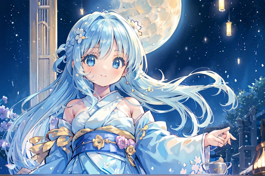 masterpiece, best quality, extremely detailed, (illustration, official art:1.1), 1 girl ,(((( light blue long hair)))), ,(((( light blue long hair)))),light blue hair, long hair ((blush)) , cute face, big eyes, masterpiece, best quality,(((((a very delicate and beautiful girl,))))),Amazing,beautiful detailed eyes,blunt bangs、((((little delicate girl)))),tareme(true beautiful:1.2), sense of depth,dynamic angle, ,Baby Face,flat chest,One girl is looking backwards at the moon, (Sexy smile), Kimono with beautiful patterns and colors., One Big Moon, Big Moon, Girl in the back looking at a very beautiful moon, (On the veranda in the Japan style:1.3), (Holding a cup of Japan:1.2), Liquor bottles are placed, Colorful, ultra-detailliert, high-level image quality,