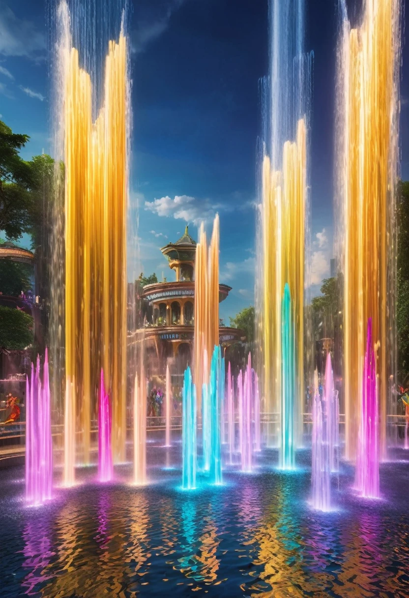 Dancing water columns of a musical fountain、Create various patterns with the combination of light and water column，Create a colorful scene，Detailed fantasy digital art，Highly detailed digital art in 4K，fantasy art action，nice、Money、High-quality images