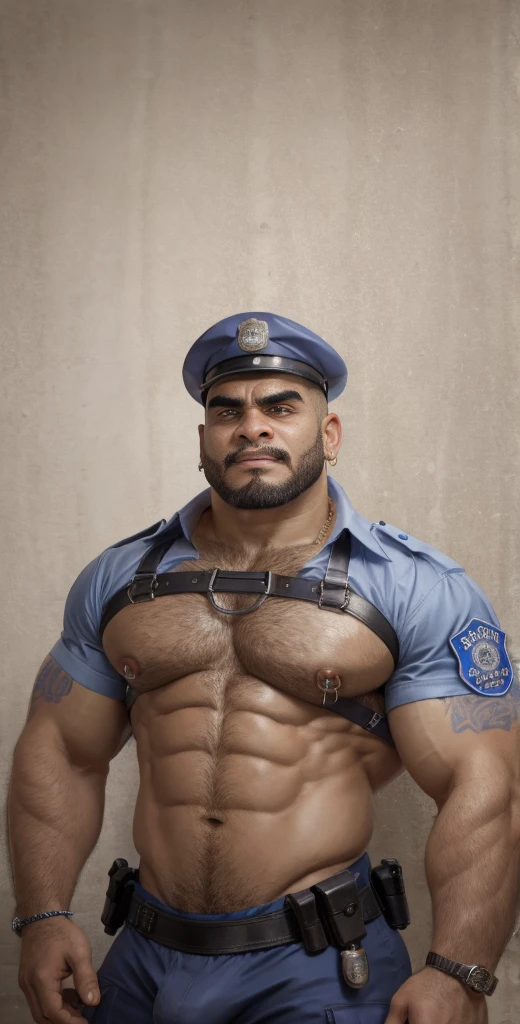 Latino chav, 20 years old, short hair, stud, hairy, hairyalpha, BeardAlpha, wearing a policeman uniform, wearing a policeman cap, tight uniform, open shirt, wearing a pectoral harness, oversized pectorals, heavy pectorals, oversized bulge, intimidating, smirking, nipple rings, angry, threatening, prison background