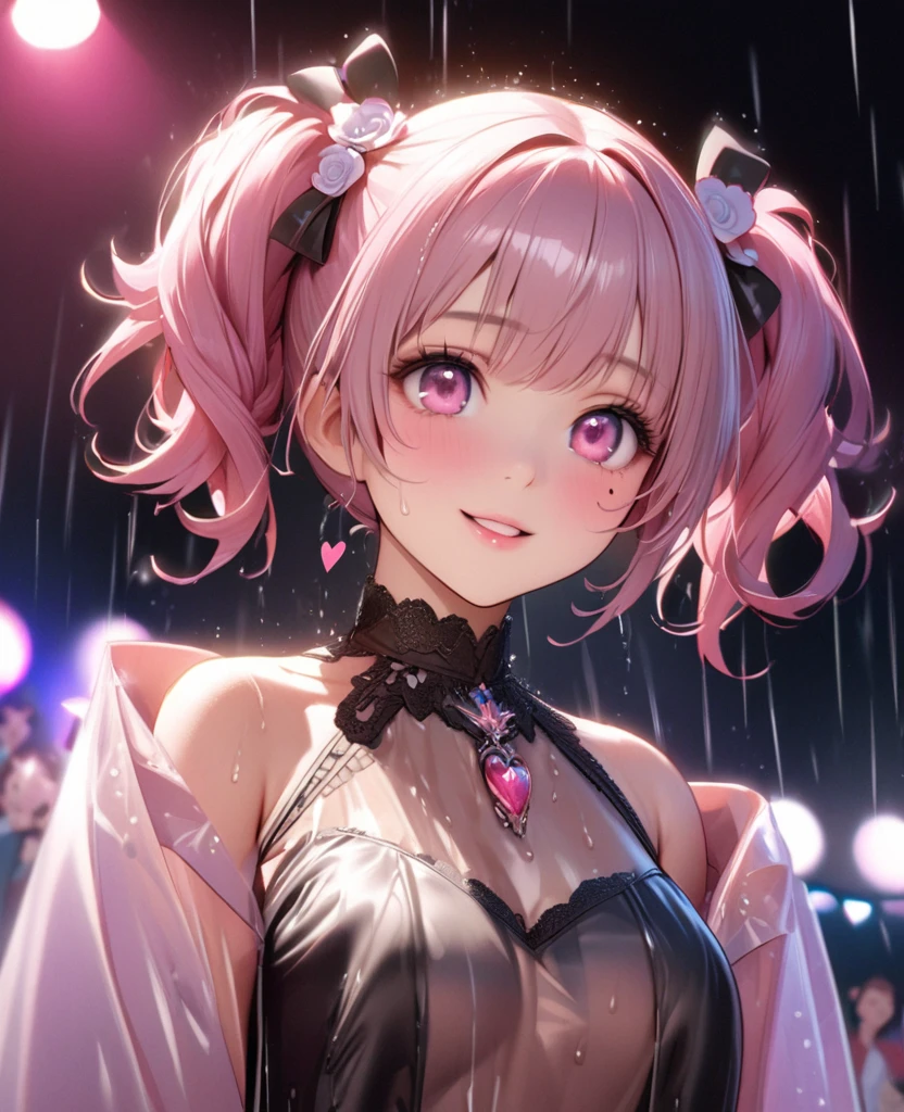 One Girl、Looking at the audience、lovely,
Beautiful pink eyes、short twin tail hair , Mole under the eye、Plump and glossy lips、Heart-shaped choca、Idol、Her name is Rico,smile、ー、。.。.。.。.。.。.。.。.。.。.。.。.。.。.。.。.。.。.3D、Realistic、
The idol's costume was soaked in the heavy rain, and her chest was wet and transparent.Heavy rain at outdoor concert, Drape clothes、gem、The decoration has been removed、Floral、Lace trim,On a glittering stage、
masterpiece、highest quality、8k、Detailed skin texture、Detailed cloth texture、Beautifully detailed face、Intricate details、Very detailed、
超A high resolution、8k Ultra HD、Film Grain、Best Shadow、delicate、Gazing at the audience、front