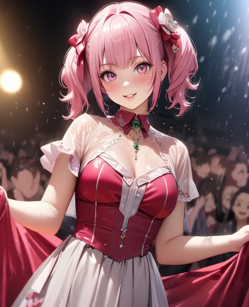 One Girl、Looking at the audience、lovely,
Beautiful pink eyes、short twin tail hair , Mole under the eye、Plump and glossy lips、Heart-shaped choca、Idol、Her name is Rico,smile、ー、。.。.。.。.。.。.。.。.。.。.。.。.。.。.。.。.。.。.3D、Realistic、
The idol's costume was soaked in the heavy rain, and her chest was wet and transparent.Heavy rain at outdoor concert, Drape clothes、gem、The decoration has been removed、Floral、Lace trim,On a glittering stage、
masterpiece、highest quality、8k、Detailed skin texture、Detailed cloth texture、Beautifully detailed face、Intricate details、Very detailed、
超A high resolution、8k Ultra HD、Film Grain、Best Shadow、delicate、Gazing at the audience、front