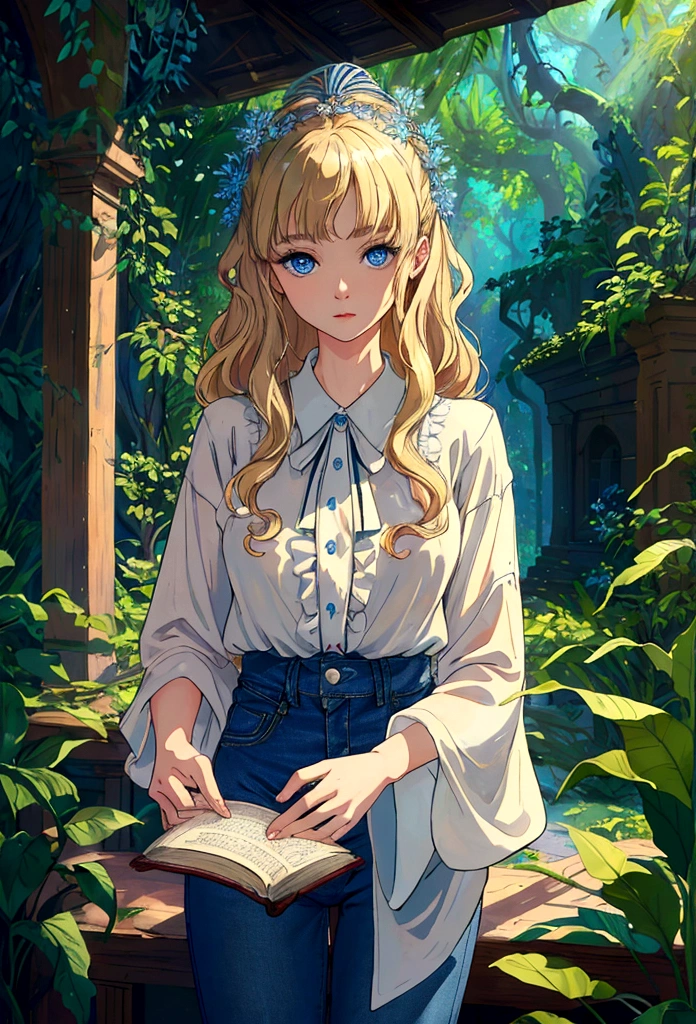 ((Best quality)), ((Masterpiece)), (Detailed): Ariane Narin, portrayed by Dakota Fanning, mid-20s, long blonde curly hair, deep blue eyes, wearing a simple blouse and comfortable jeans, holding an old book with a sense of wonder and curiosity, surrounded by lush greenery and ancient ruins, an aura of knowledge and adventure emanating from her.