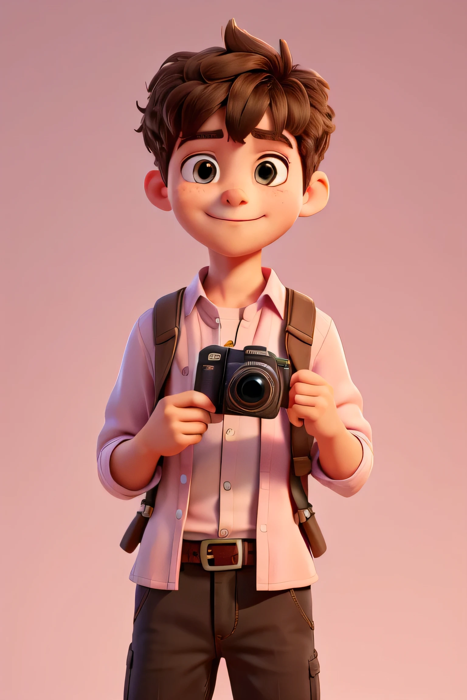 Cute boy holding a camera in his both hands wearing pink white wearing white shirt 
