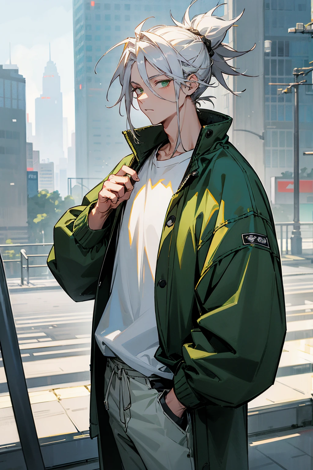 1male, silver hair, manbun, messy hair, green eyes, oversized baggy jacket, white shirt, green pants, city background, detailed background, hands to side, standing on path