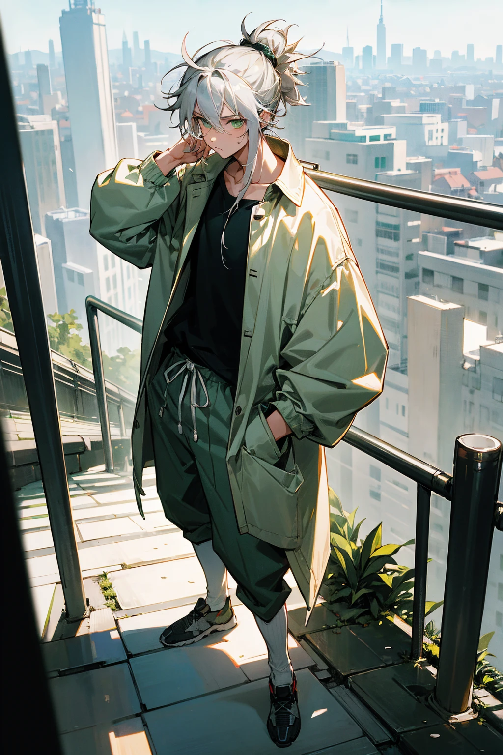 1male, silver hair, manbun, messy hair, green eyes, oversized baggy jacket, white shirt, green pants, city background, detailed background, hands to side, standing on path