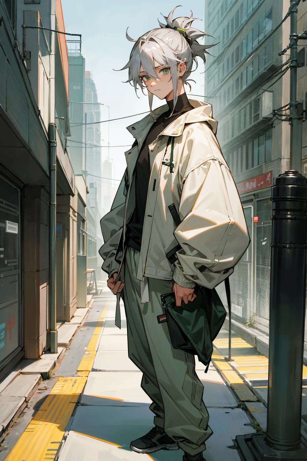 1male, silver hair, manbun, messy hair, green eyes, oversized baggy jacket, white shirt, green pants, city background, detailed background, hands to side, standing on path