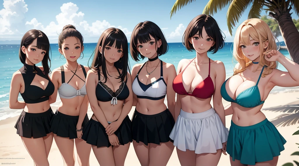 (Highest quality:1.1), (masterpiece:1.2), Five Girls,Swimwear,Are standing,High Quality Shadows, Beautiful details, Beautiful Face, Fine grain,Depth of written boundary, High resolution, Best Shadow, Best lighting, daughter, Displaying the viewer, (Five-colored hair:1.3),Brush Cut,Very short hair, Blunt bangs, Long Hair, Iris, shy, Big Breasts, mini skirt, Swimwear, pump, Sea Beach,green,cloud, Sunburn,Boo Markers,Cleavage,Looking into the camera,smile,closeup Cleavage,Super Skirt