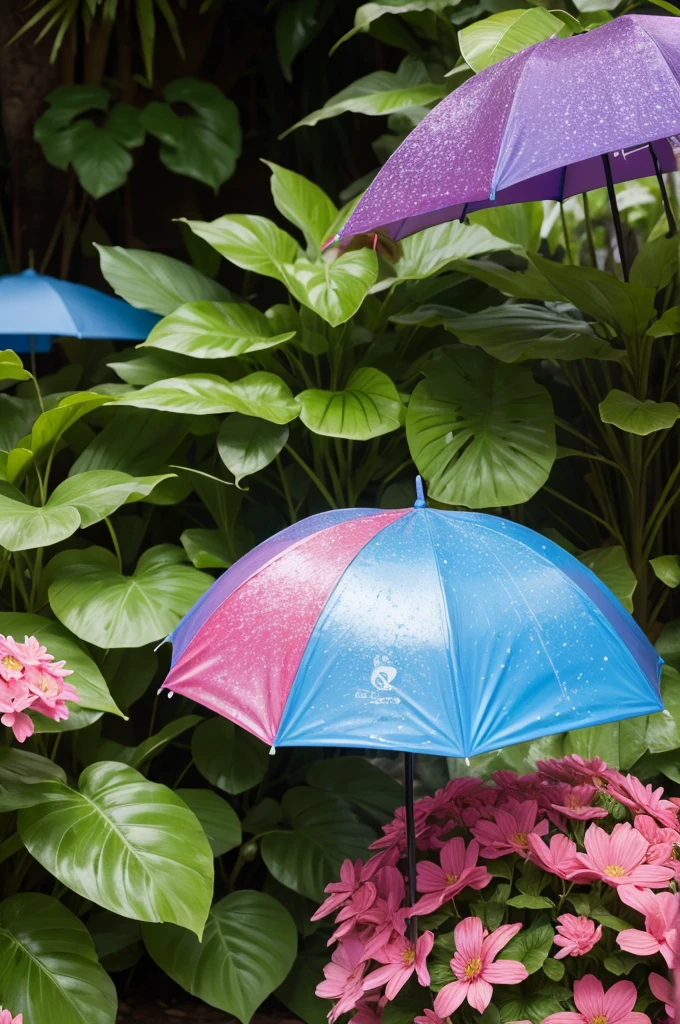 Chuva fina no jardim florido e colorido