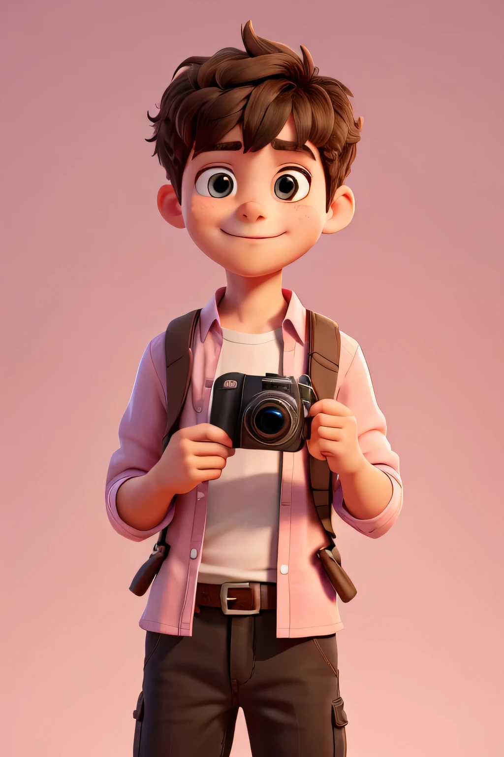 Cute boy holding a camera in his both hands wearing pink white wearing white shirt