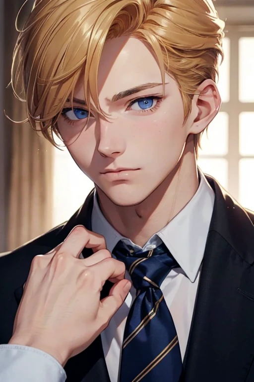 1st , boy, high school studry handsome, perfect face, golden hair, short on the sides, blue eyes, confident expression, standing (best quality, master piece, 4K, 8K, masterpiece, perfect picture) Manhwa art , illustration, photorealistic, ultra-detailed