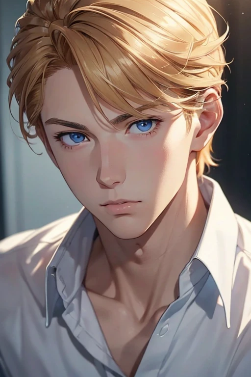 1st year, boy, high school student, very handsome, perfect face, golden hair, short on the sides, blue eyes, confident expression, standing (best quality, master piece, 4K, 8K, masterpiece, perfect picture) Manhwa art , illustration, photorealistic, ultra-detailed